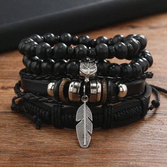 Other - Set of 5 Black Beaded and Leather Bracelets with Feather Charm